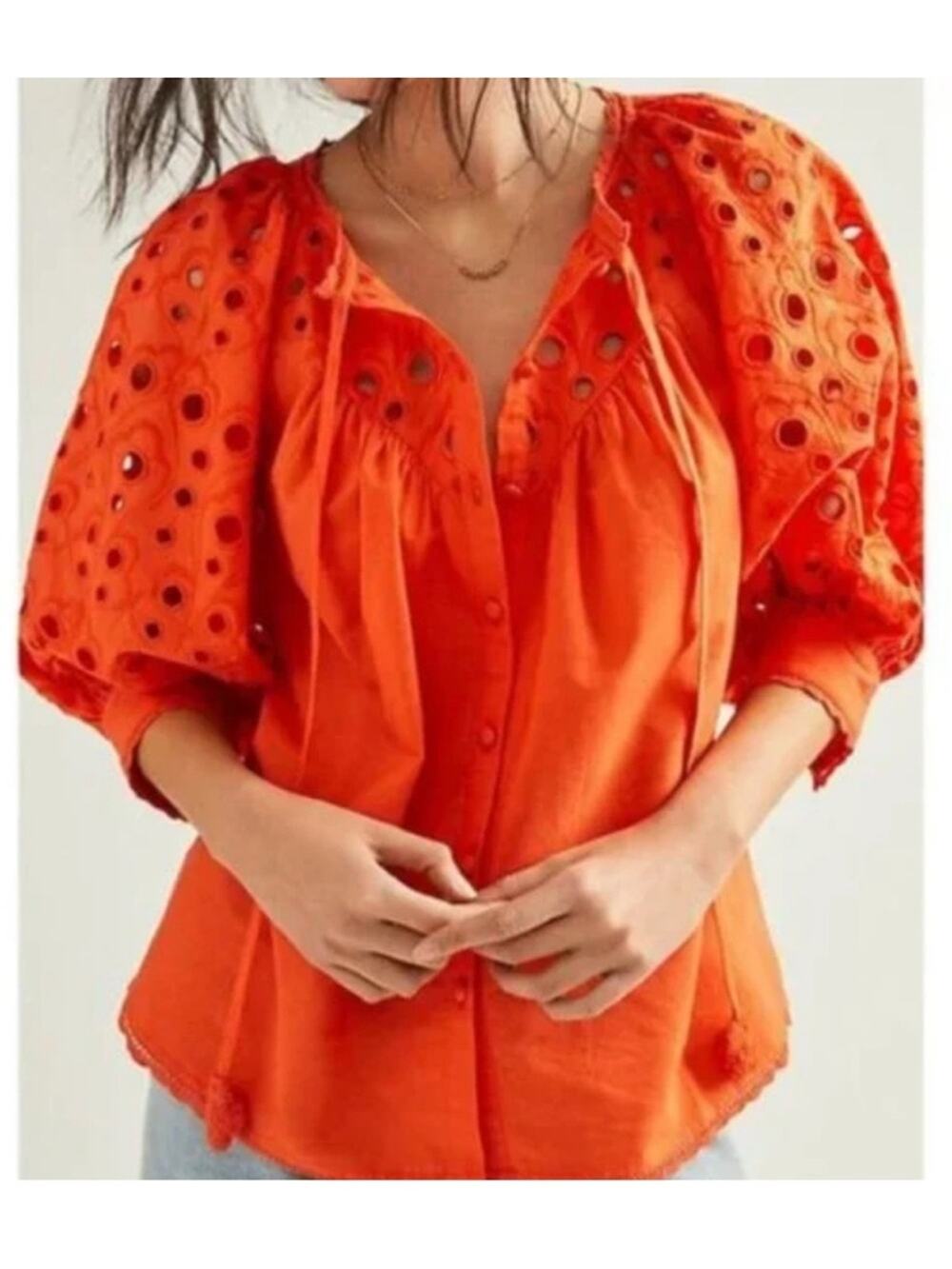 Anthropologie Chantal Puff Sleeve Eyelet Lace 100% Cotton Top Orange Size XS